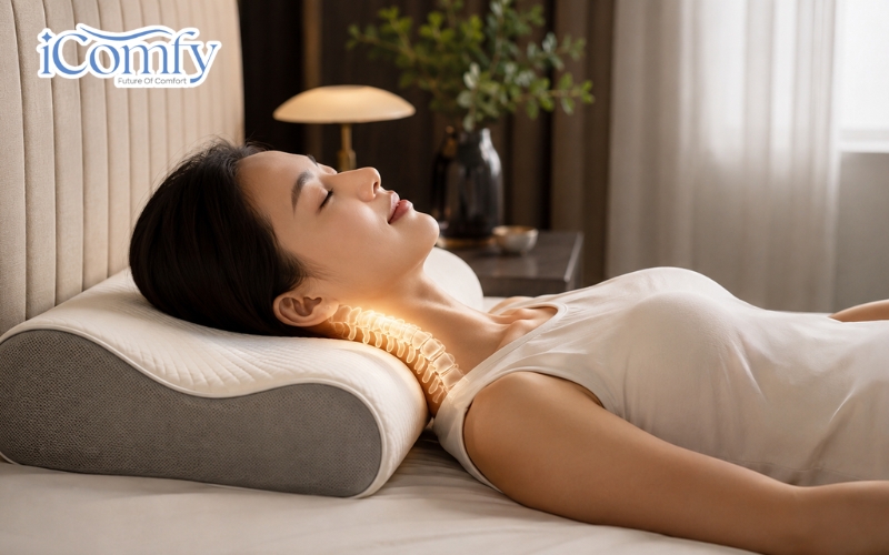 Cách lựa chọn gối phù hợp giúp chăm sóc sức khỏe toàn diện 2 Gối có nhiệm vụ nâng đỡ đầu, cổ, duy trì đường cong tự nhiên của cột sống và giảm áp lực lên vùng vai gáy