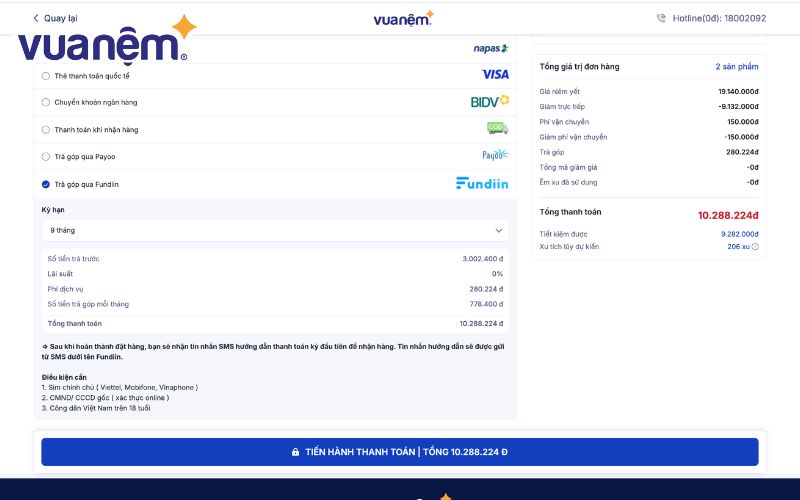 Tìm hiểu chính sách mua nệm trả góp Vua Nệm chi tiết 9 Sau khi điền thông tin giao hàng trên website, chọn Fundiin làm phương thức thanh toán
