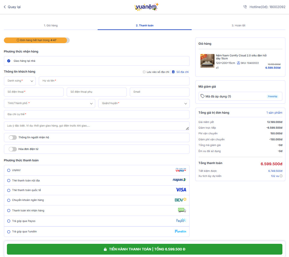Điền thông tin và lựa chọn phương thức thanh toán