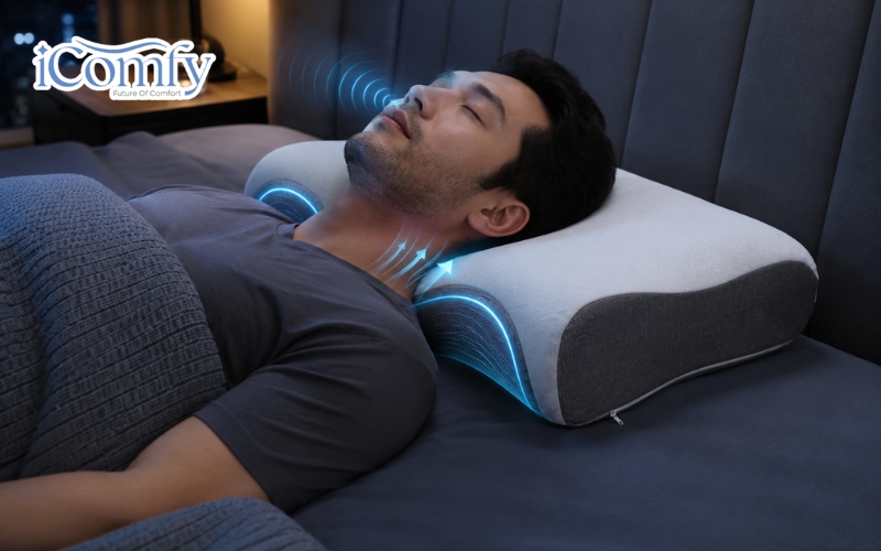 Gối thông minh là gì? Giải mã công nghệ chăm sóc giấc ngủ 3 Hệ thống cảm biến nhạy bén sẽ lập tức nhận diện âm thanh hoặc rung động truyền qua xương sọ khi bạn bắt đầu ngáy